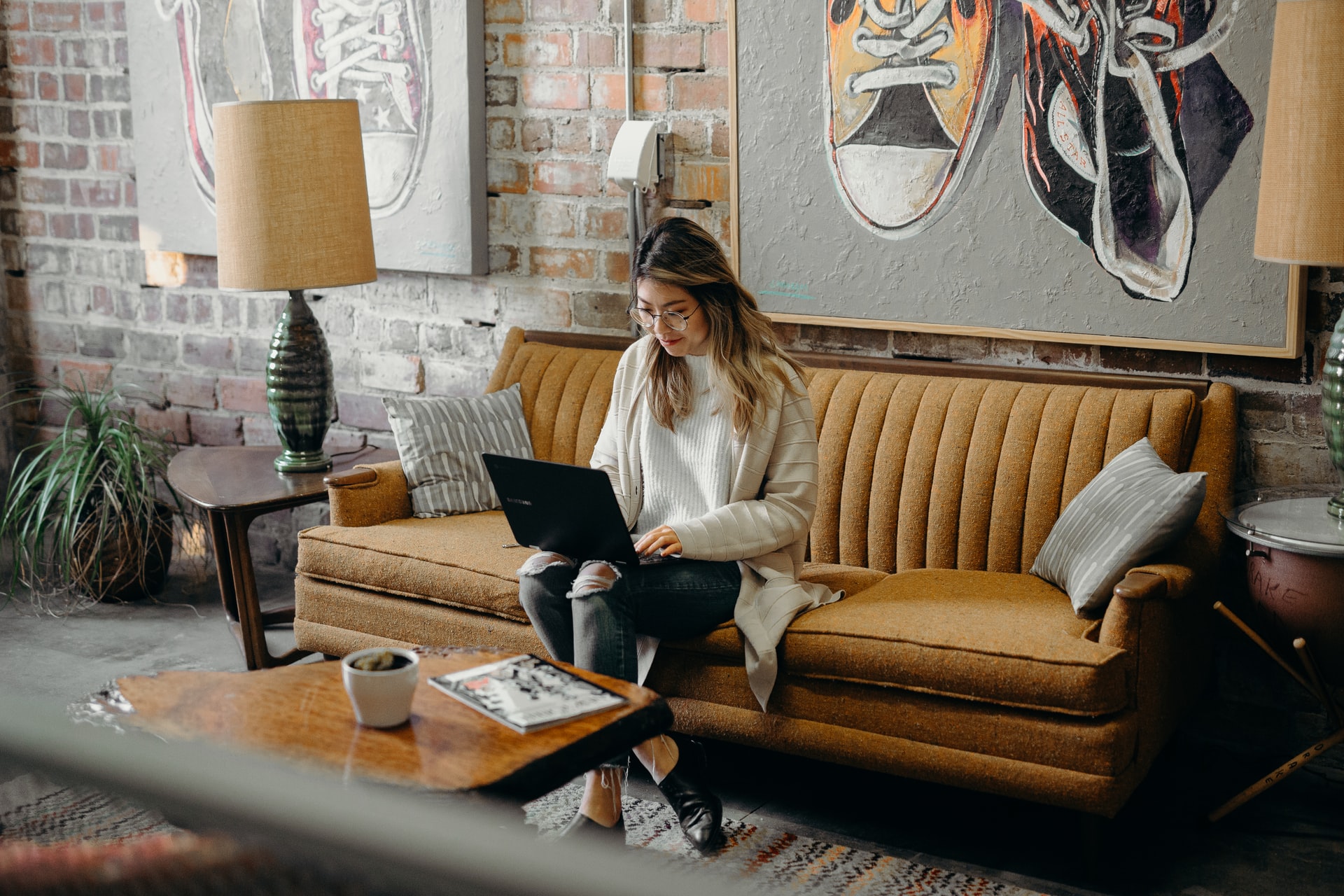 Woman sitting on couch