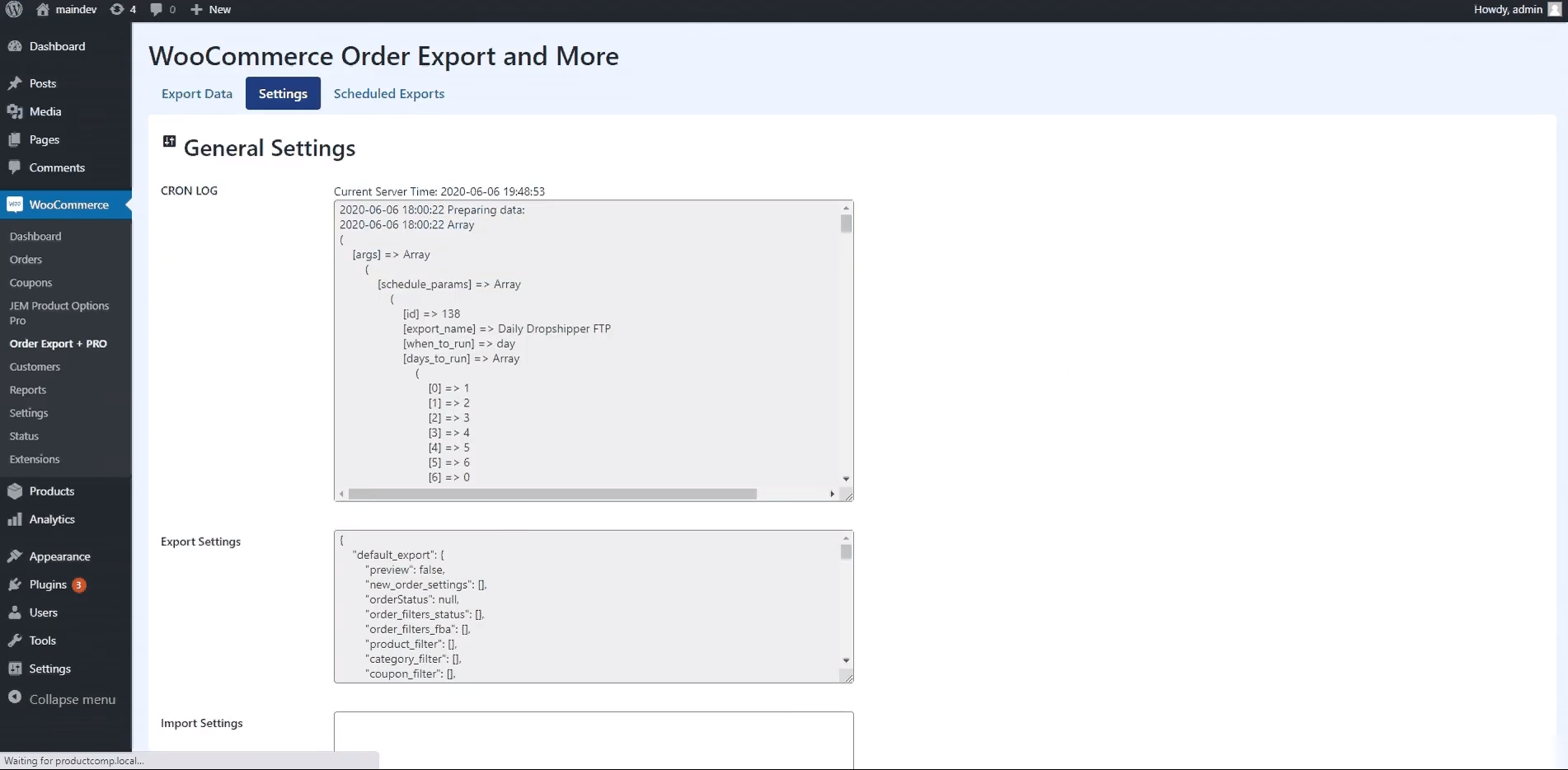 WooCommerce O0rder Export settings page